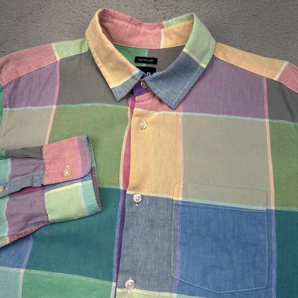 Gap Shirt‎ Mens Medium Linen Cotton Blend Patchwork Madras Plaid Button Down